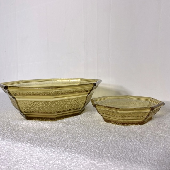 Vintage Anchor Hocking Textured Amber Glass Octagonal Chip & Dip Bowl Set - Picture 14 of 14